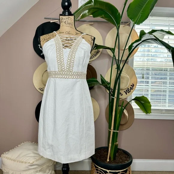 open lace back dress Lilly Pulitzer Anabelle Stretch Shift Women's Dress Resort White : 12